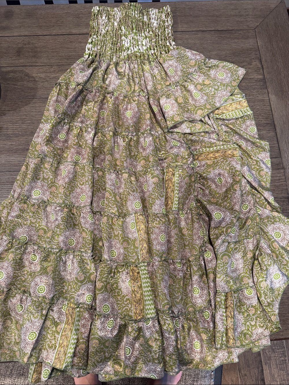 Smocked Waist Tiered Maxi Skirt in Olive & Cream 100% Silk